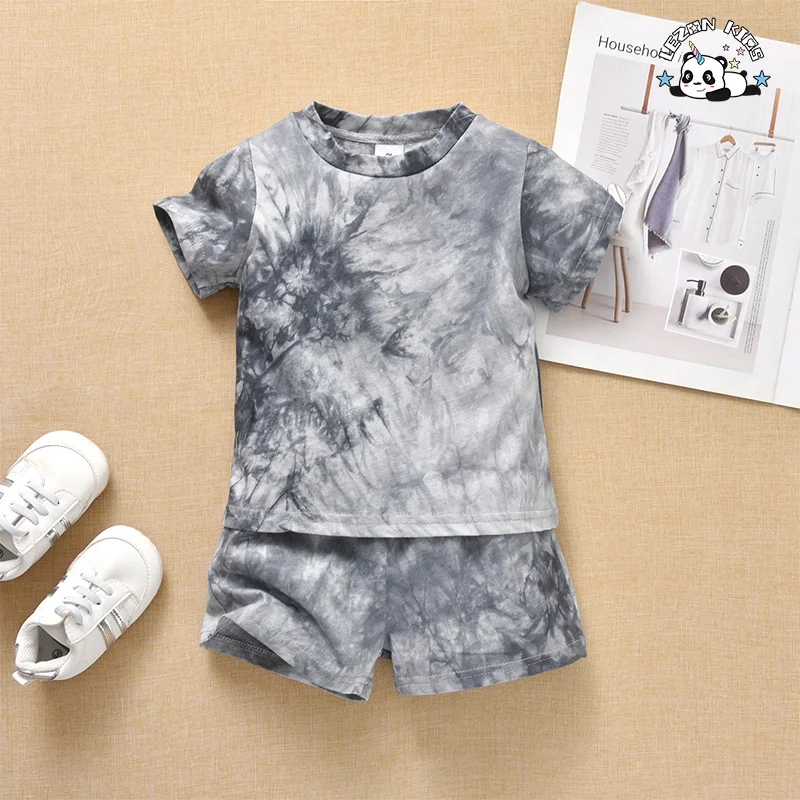 LEZONKIDS - Customized Kids boy set Summer Tie-Dye Casual Cotton Clothing Toddlers Featuring Print Solid Logo Design T-Shirt Suit